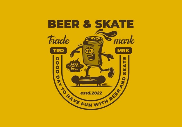 Illustrazione della mascotte di una lattina di birra che fa skateboard