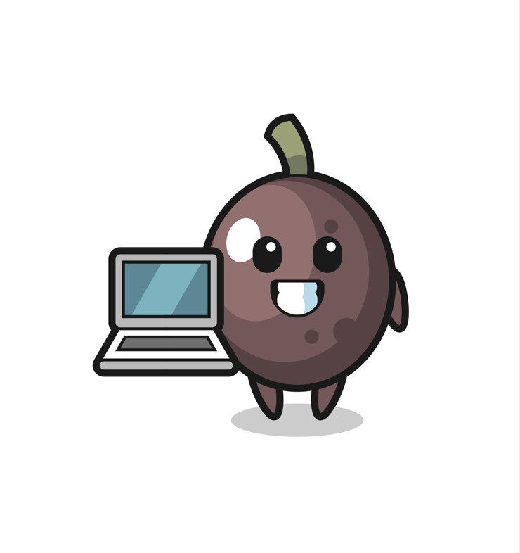 Vector mascot illustration of black olive with a laptop  cute style design for t shirt sticker logo element