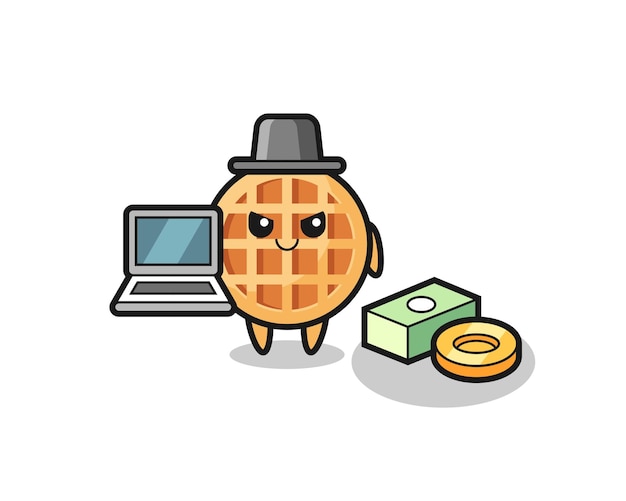 Mascot Illustration of circle waffle as a hacker , cute design