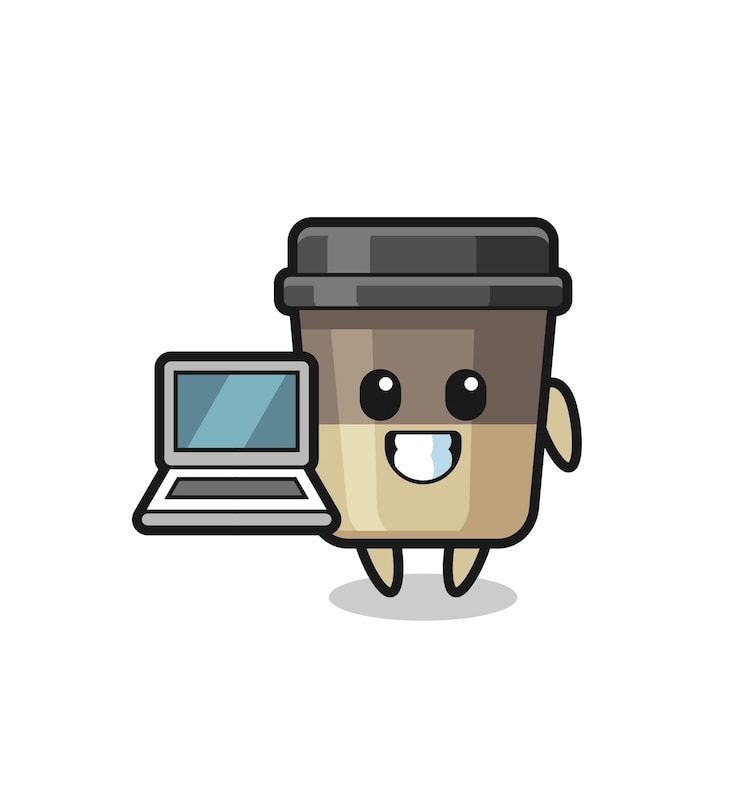 Vector mascot illustration of coffee cup with a laptop , cute style design for t shirt, sticker, logo element