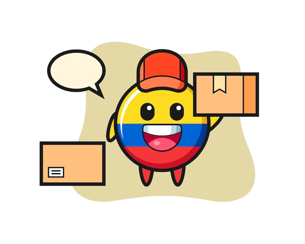 Illustrazione della mascotte del distintivo della bandiera della colombia come corriere, design in stile carino per maglietta, adesivo, elemento logo