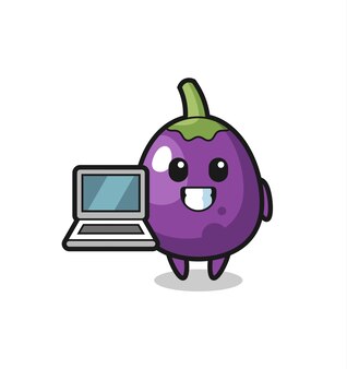 Illustrazione mascotte di melanzane con un laptop, design in stile carino per maglietta, adesivo, elemento logo