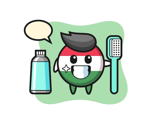 Mascot Illustration of hungary flag badge with a toothbrush , cute style design for t shirt, sticker, logo element