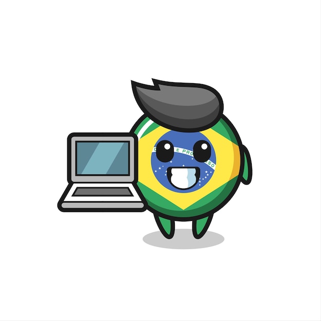 Вектор Иллюстрация талисмана значка флага бразилии с ноутбуком, милый стиль дизайна для футболки, наклейки, элемента логотипа