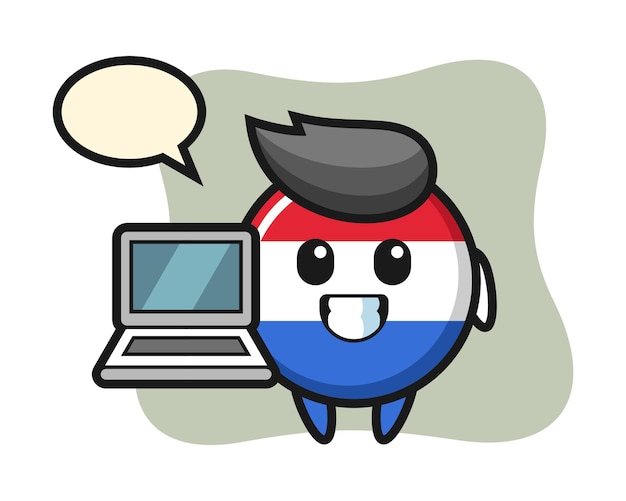 Иллюстрация талисмана значка флага нидерландов с ноутбуком