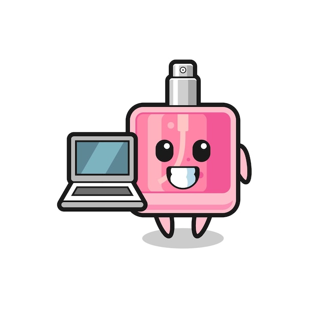 Mascotte illustrazione di profumo con un laptop, design in stile carino per t-shirt, adesivo, elemento logo