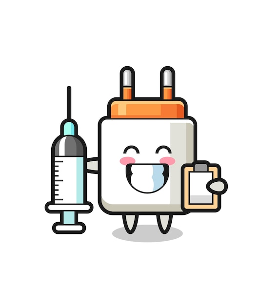 Mascot illustrazione dell'adattatore di alimentazione come medico, design carino