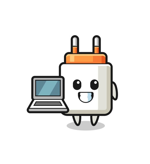 ノートパソコンのかわいいデザインの電源アダプタのマスコットイラスト