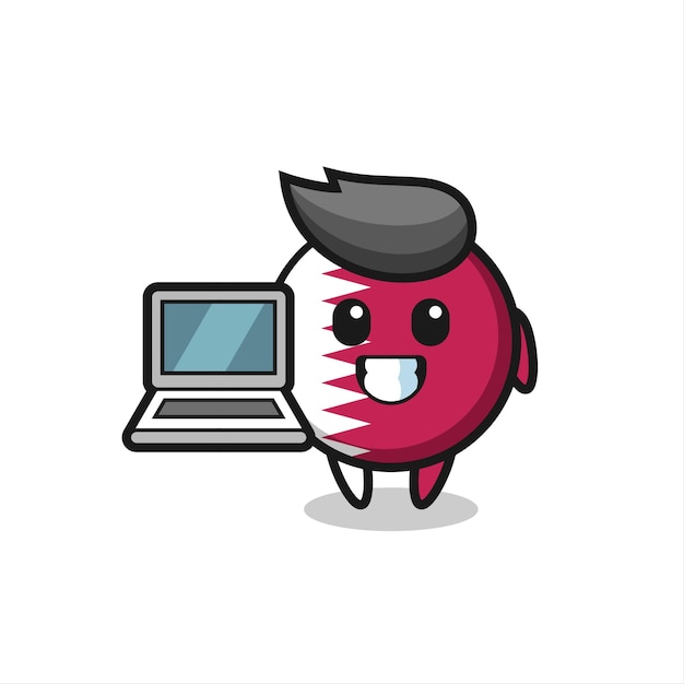 Vector mascot illustration of qatar flag badge with a laptop