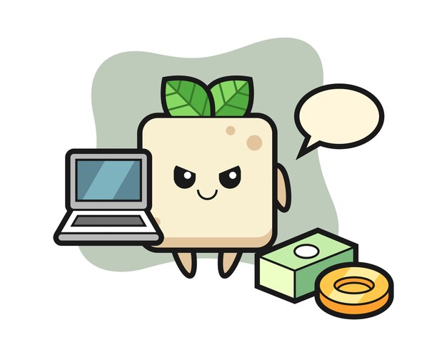 Illustrazione della mascotte del tofu come un hacker, design in stile carino per t-shirt