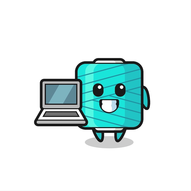 Mascot Illustration of yarn spool with a laptop , cute style design for t shirt, sticker, logo element