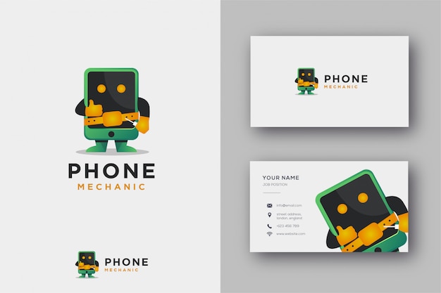 Vector mascot logo of phone mechanic and business card