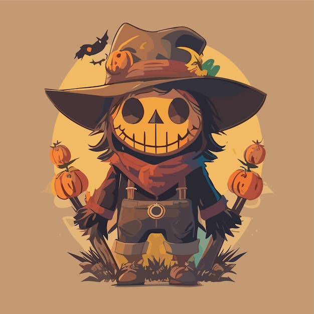 Mascot logo of scarecrow with kawaii and scary style flat illustration with flat colors