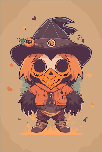 Mascot logo of scarecrow with kawaii and scary style flat illustration with flat colors