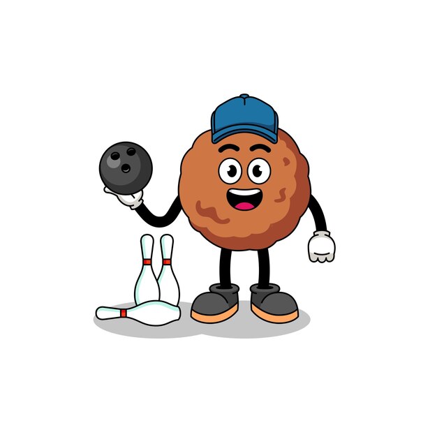 Mascot of meatball as a bowling player character design