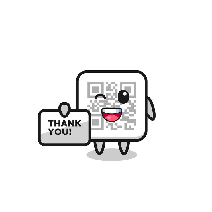 Vector 귀여운 디자인에 감사하다는 배너를 들고 있는 qr 코드의 마스코트