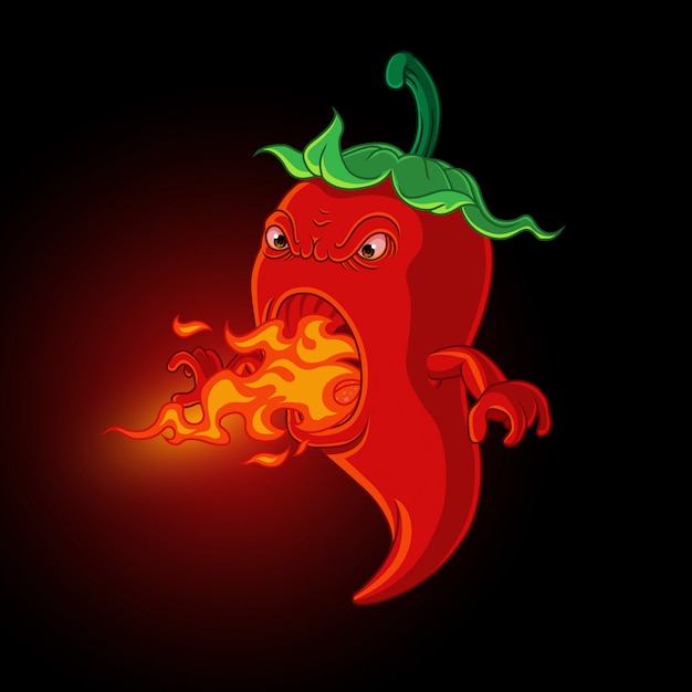 Mascot, red hot chilli pepper with flame coming out from his mouth