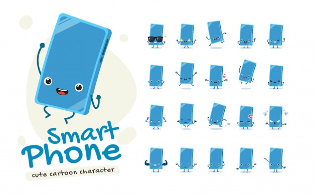 Mascotte set dello smart phone. venti pose della mascotte. illustrazione isolata