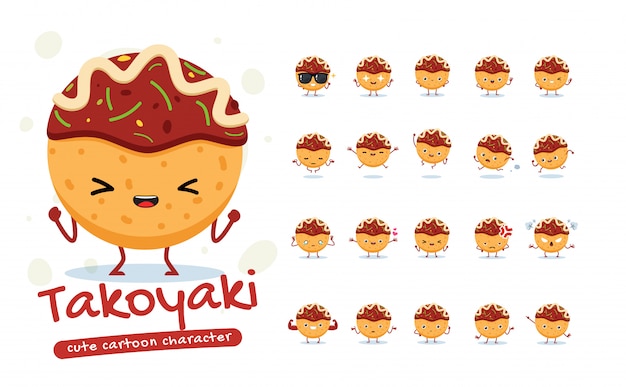 Set mascotte del takoyaki. venti pose della mascotte. illustrazione isolata