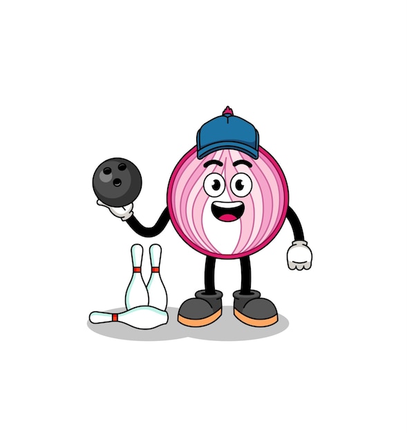 Vector mascot of sliced onion as a bowling player character design