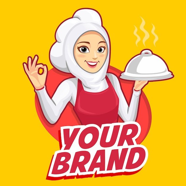 The mascot of a woman chef wearing a red apron with ok fingers.