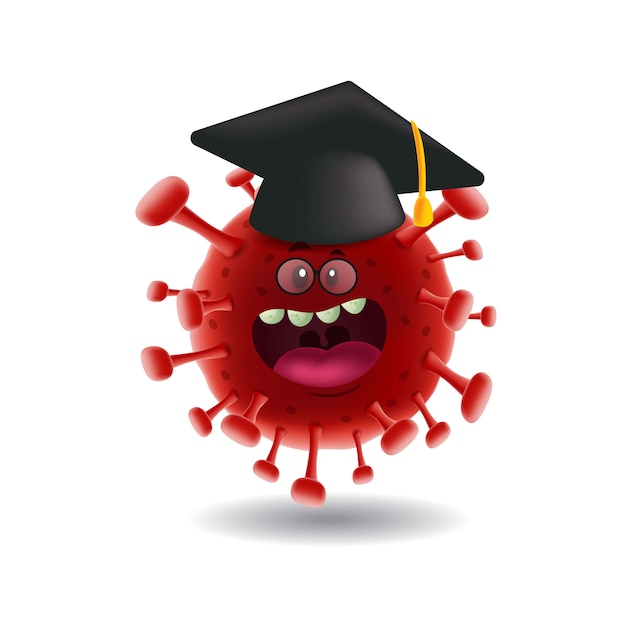 Vector mascotte cartoon illustration_red covid-19 coronavirus dat afstuderen cap_isolated draagt