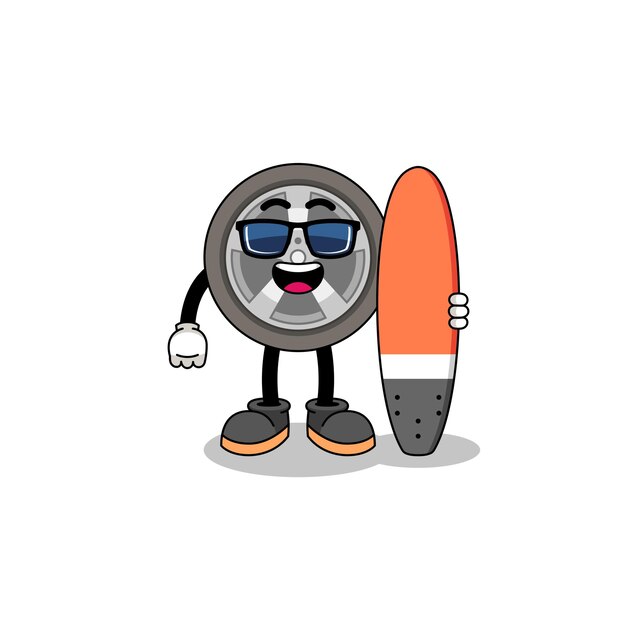 Mascotte cartoon van autowiel als surfer