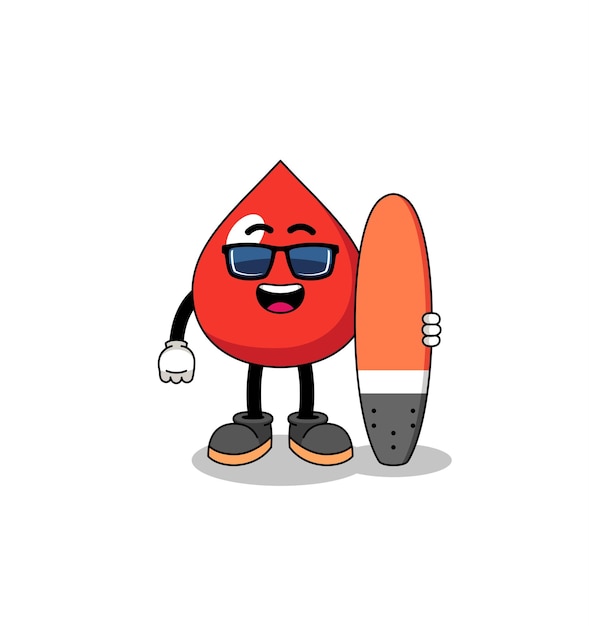 Mascotte cartoon van bloed als een surfer character design