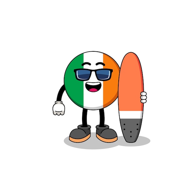 Mascotte cartoon van de vlag van Ierland als een surfer character design