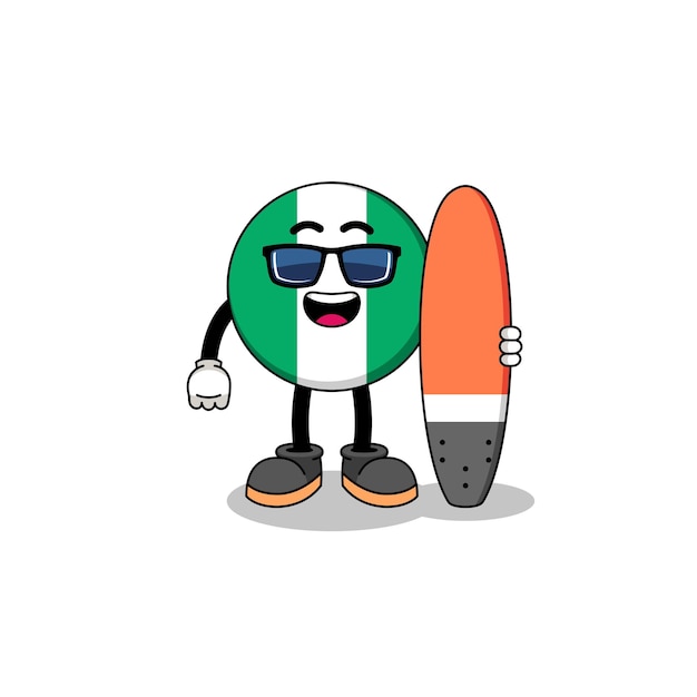 Mascotte cartoon van de vlag van nigeria als een surfer character design