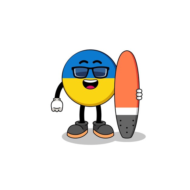 Mascotte cartoon van de vlag van Oekraïne als een surfer character design