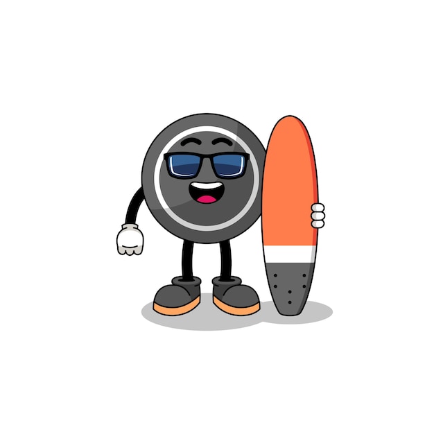 Mascotte cartoon van hockeypuck als surfer character design