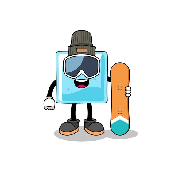 Mascotte cartoon van ijsblok snowboard speler character design