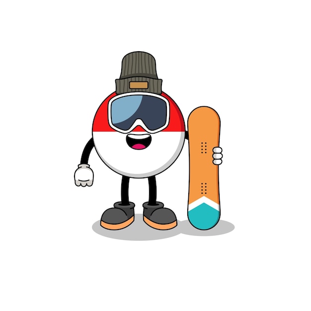 Mascotte cartoon van indonesië vlag snowboard speler character design