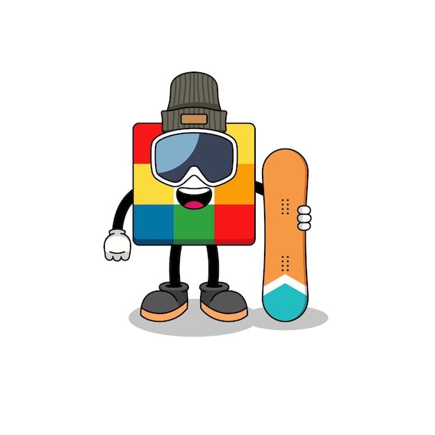 Mascotte cartoon van kubus puzzel snowboard speler character design