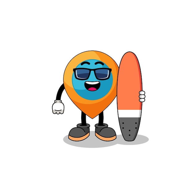 Mascotte cartoon van locatiesymbool als surfer