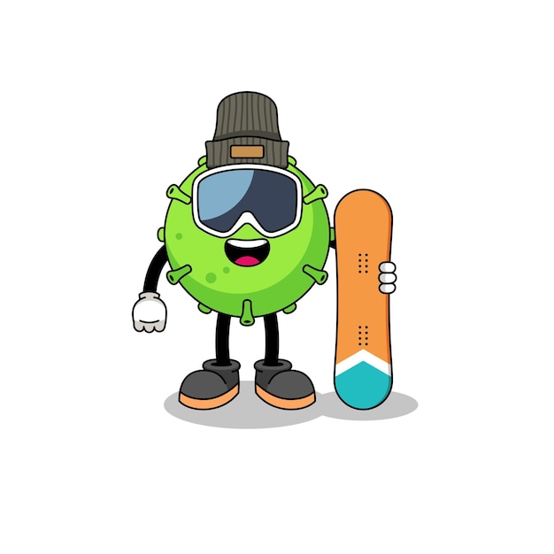 Mascotte cartoon van virus snowboard speler