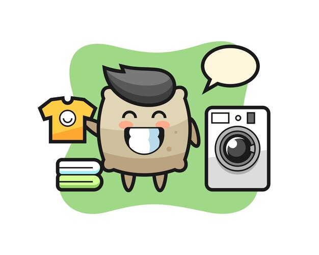 Mascotte cartoon van zak met wasmachine, schattig stijlontwerp voor t-shirt, sticker, logo-element