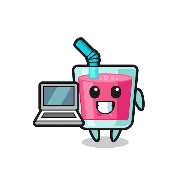 Mascotte Illustratie van aardbeiensap met een laptop