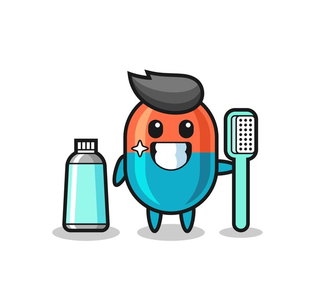 Vector mascotte illustratie van capsule met een tandenborstel, schattig stijlontwerp voor t-shirt, sticker, logo-element