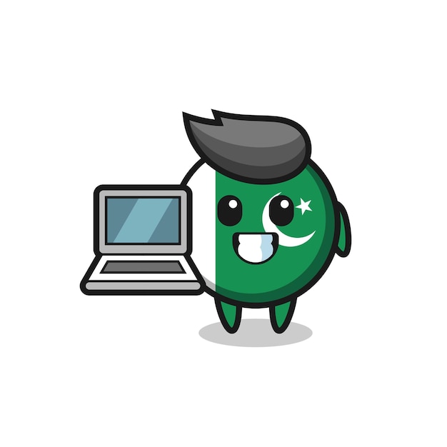 Mascotte illustratie van de vlag van pakistan met een laptop, schattig design