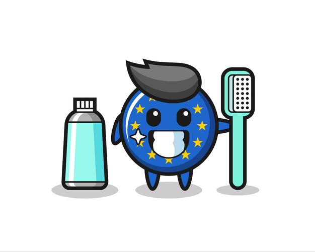 Mascotte illustratie van europa vlag badge met een tandenborstel, schattig stijl ontwerp voor t-shirt, sticker, logo element