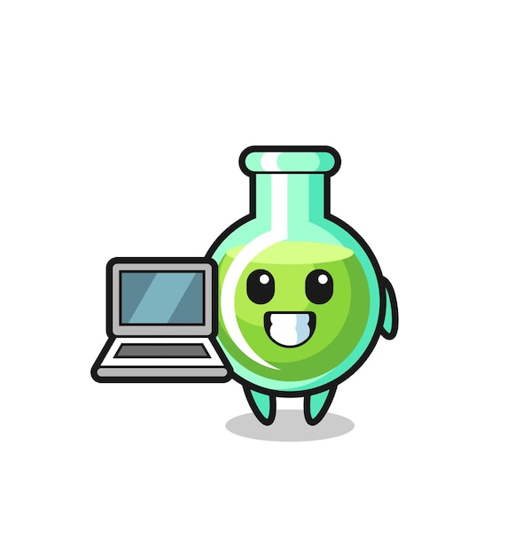 Mascotte illustratie van laboratoriumbekers met een laptop, schattig stijlontwerp voor t-shirt, sticker, logo-element