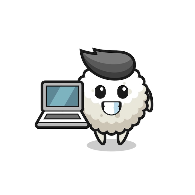 Mascotte Illustratie van rijstbal met een laptop