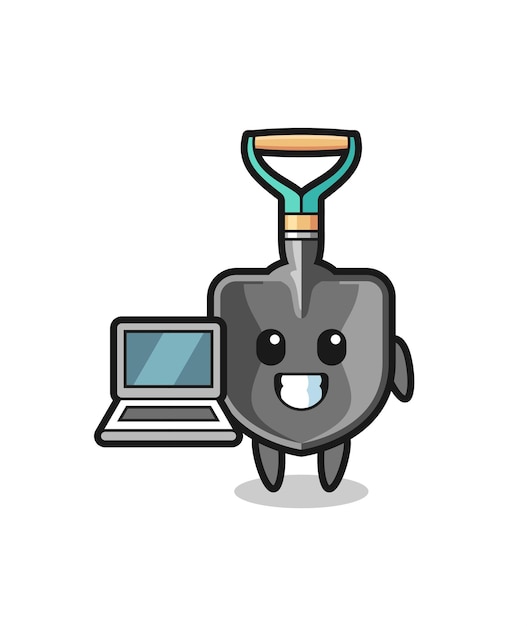 Mascotte Illustratie van schop met een laptop, schattig design