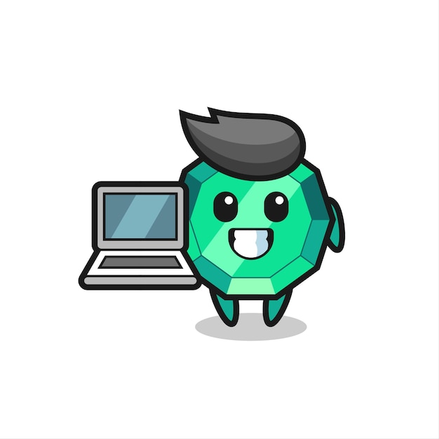 Mascotte illustratie van smaragdgroene edelsteen met een laptop, schattig stijlontwerp voor t-shirt, sticker, logo-element