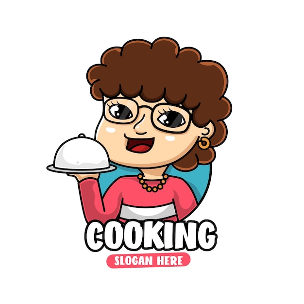 Mascotte karakter van chef-kok vrouw krullend haar koken en eten logo