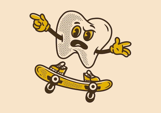 Vector mascottekarakter van tand die op skateboard springt