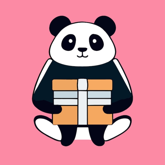 Mascotteontwerp voor een panda met een schattige geschenkdoos Platte cartoonontwerp in dierenstijl