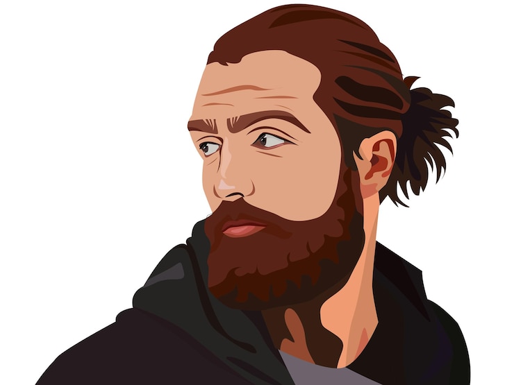 Vector a masculine, bearded man with hair tied up in his hair.